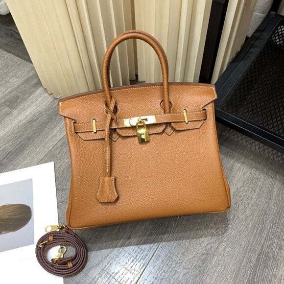 Chic Tan Leather Birkin Style Tote Bag with Gold Hardware - Picture 2 of 3